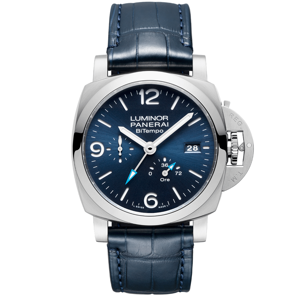 LUMINOR BITEMPO POWER RESERVE AUTOMATIC 44MM STEEL BLUE ALLIGATOR